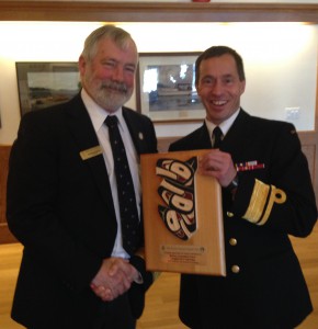 Rear Admiral Gilles Couturier receives thanks from Commodore Andrew McBride for the ongoing support of the Royal Canadian Navy